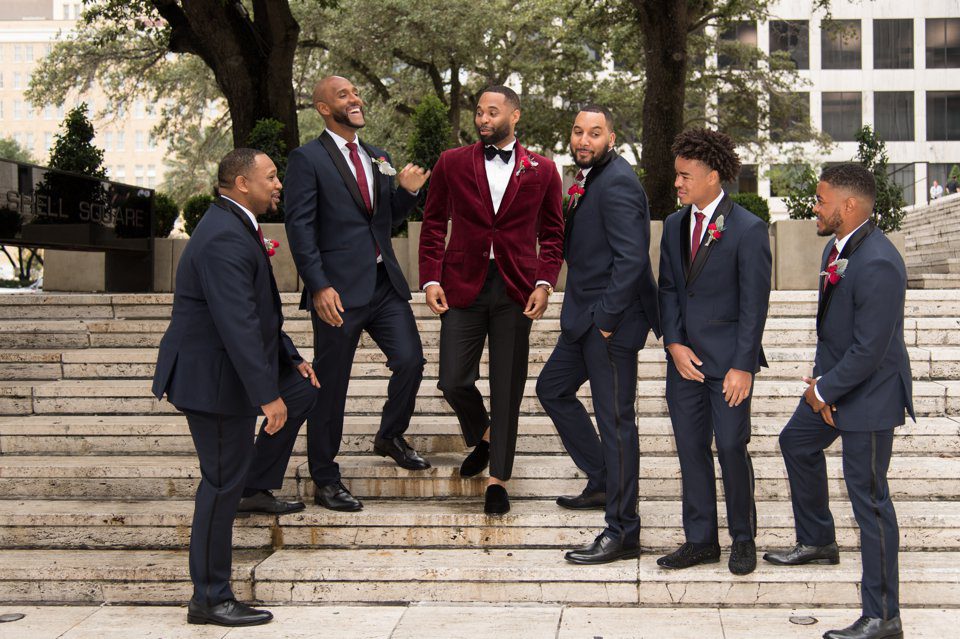 New Orleans African American groom and groomsmen on St. Charles Avenue