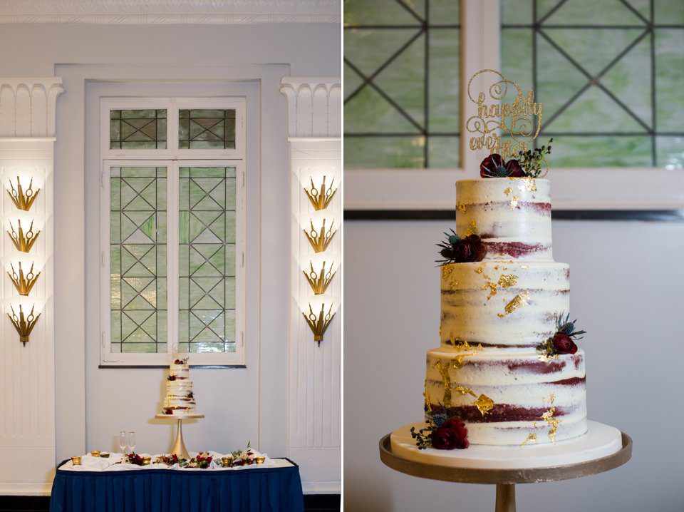 Naked wedding cake with edible gold at the Hilton New Orleans - St. Charles Avenue