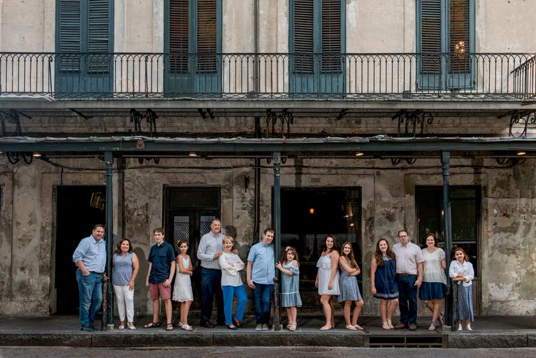 French Quarter family portrait outside the Napoleon House, New Orleans. Family photography by The Red M Studio.