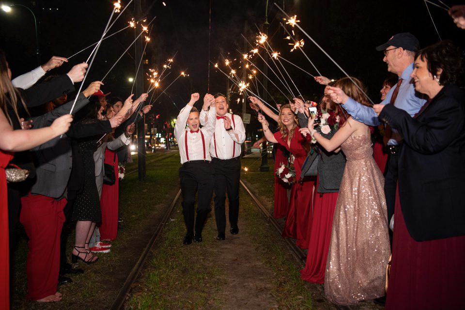 New Orleans wedding party with sparkler sendoff